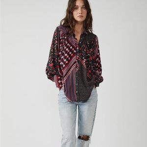 NWT Free People Hazel Button Up Top Blouse, Size Small, Floral Striped Patchwork
